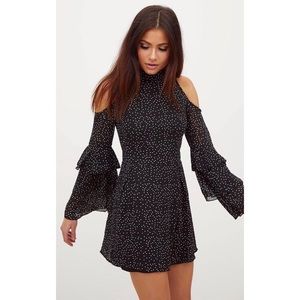 Black Polka Dot Cold Shoulder Shift Dress
